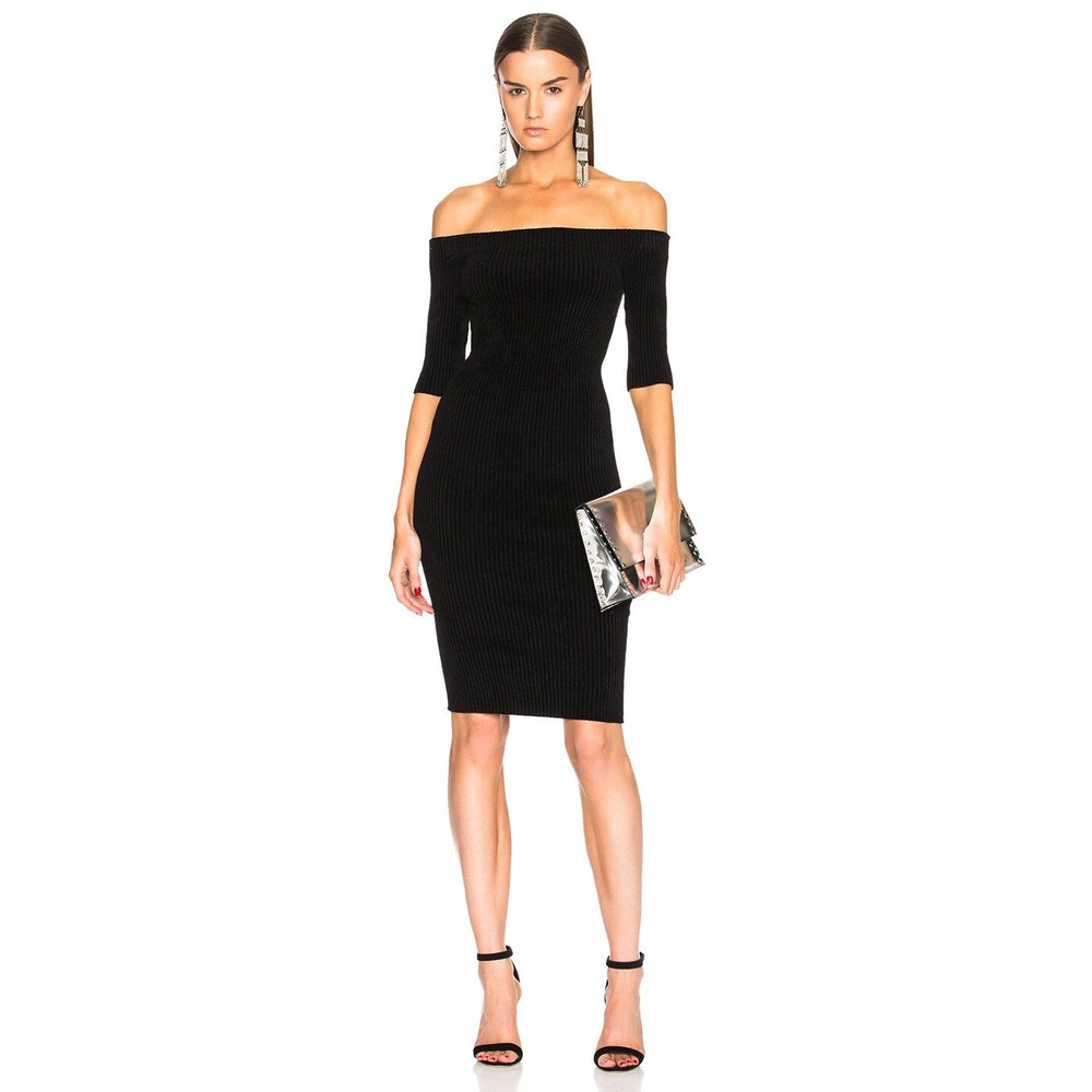 Helmut Lang Off Shoulder Dress Medium Black Ribbed Knit Bodycon LBD Chic Sexy